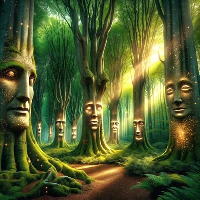 The primary subject of the image is a forest scene featuring a group of trees with faces carved into them. The setting is a lush green forest with trees and sunlight illuminating the area. The visual style is a combination of digital art and illustration, creating a surreal and intriguing atmosphere. The dominant colors are green, brown, and yellow, with the sunlight adding a warm and inviting touch to the scene.